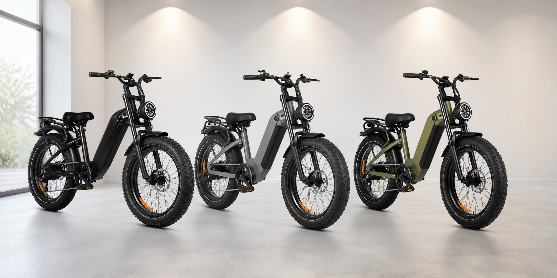 Drie elektrische fatbikes in een showroom