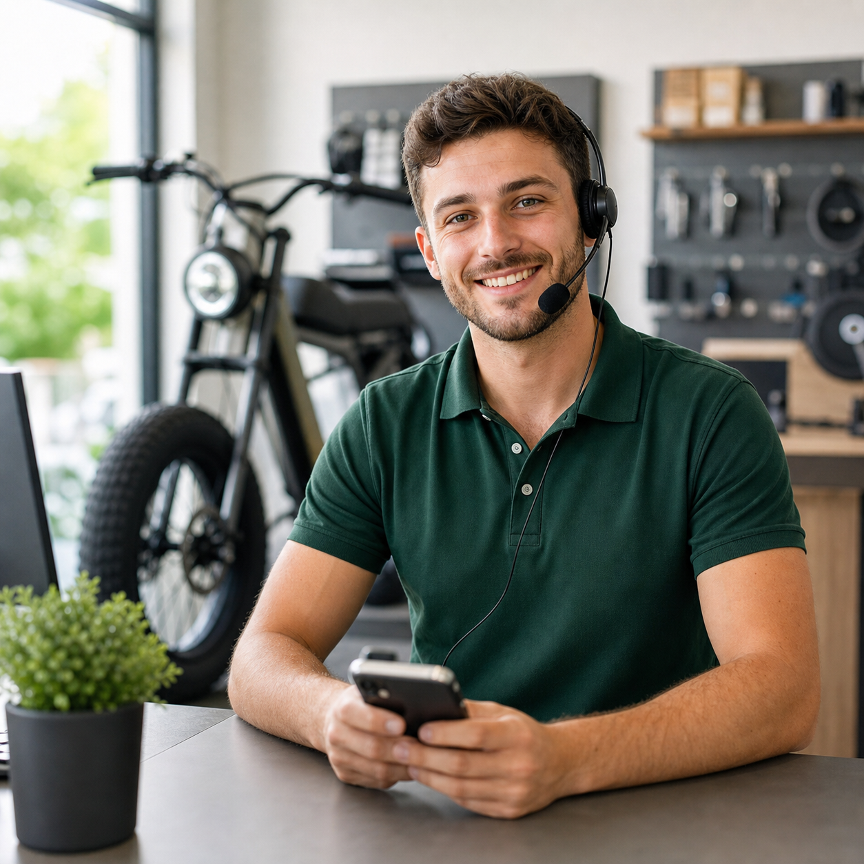 Klantenservice medewerker met fatbike op de achtergrond